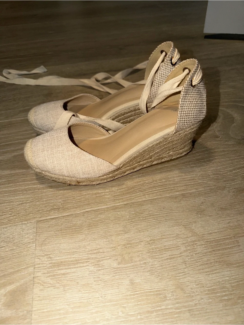 Canvas Espadrille Lace-Up Flats in Beige